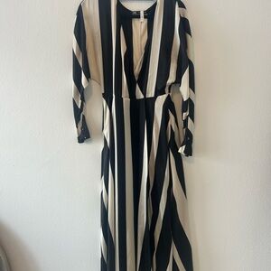 Zara Black and Cream Striped Long Sleeve Dress